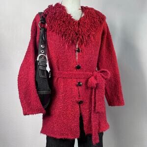 Vintage Y2K Red Bouclé Knit Cardigan Sweater with Fringe Collar & Tie Belt Small